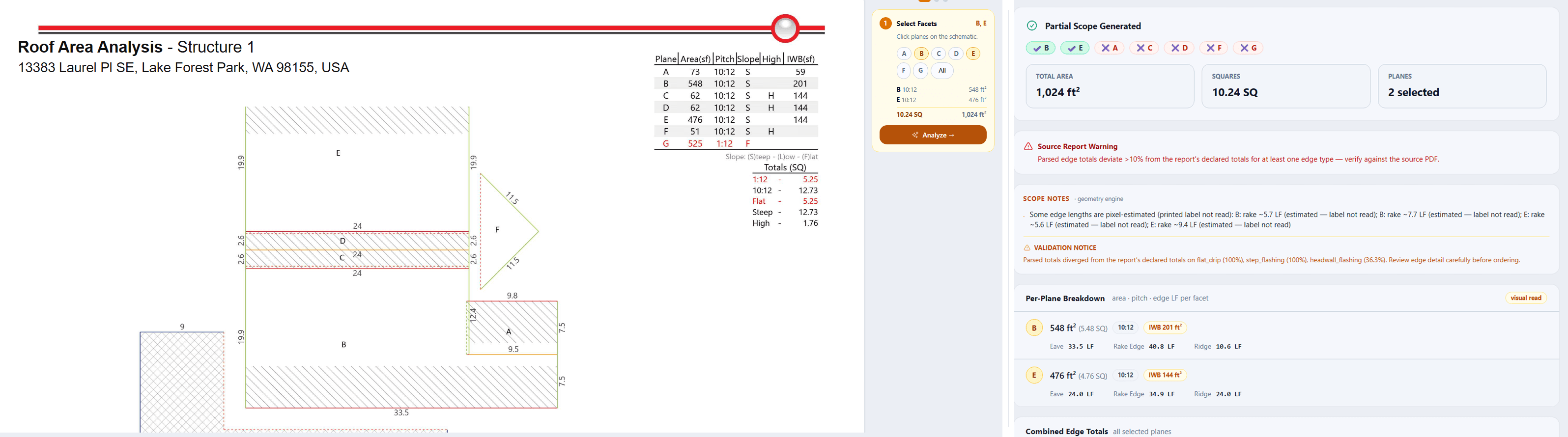 TakeOff — select facets on the RoofScope schematic, get a partial-scope takeoff with per-edge quantities